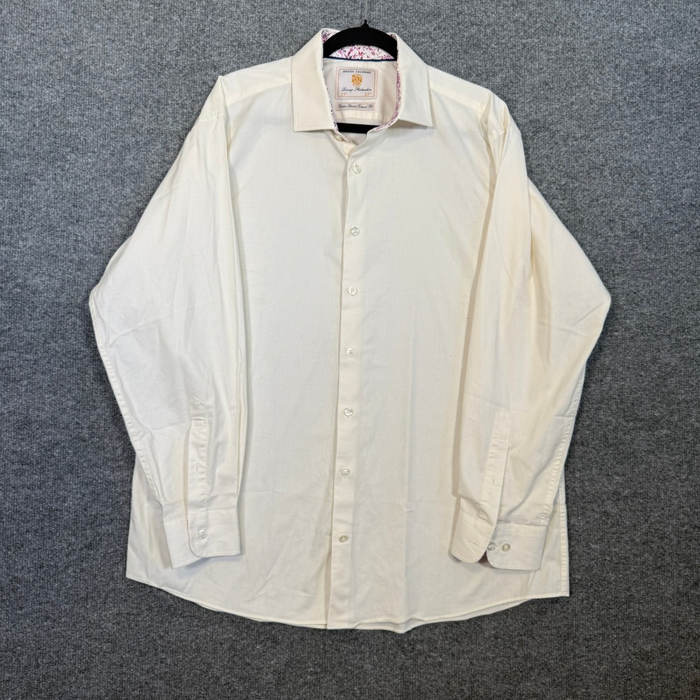 Brook‎ Taverner Shirt Mens 17/35 Cream Cotton Stretch Tailored Fit Dress Shirt